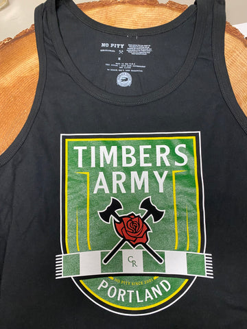 Black cotton tank top with new Timbers Army crest printed on the front