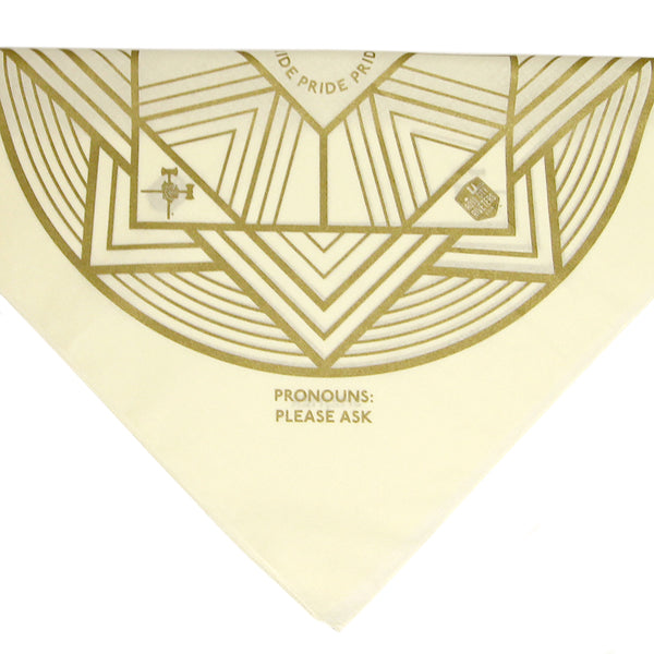 Close up of an off-white cotton bandana with a gold, geometric pattern that includes the Timbers Army and Rose City Riveters crests.An off-white cotton bandana with a gold, geometric pattern that includes the Timbers Army and Rose City Riveters crests. The bandana can be folder to display your preferred pronouns, this detail shot shows the option "Pronouns: Please Ask."