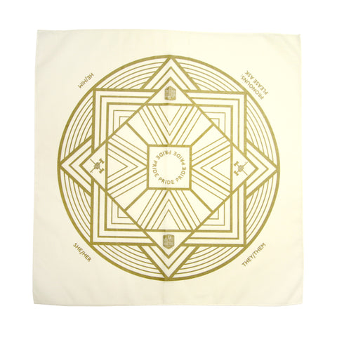 An off-white cotton bandana with a gold, geometric pattern that includes the Timbers Army and Rose City Riveters crests. The bandana can be folder to display your preferred pronouns : "She/Her," "He/Him," "They/Them," or "Pronouns: Please Ask."
