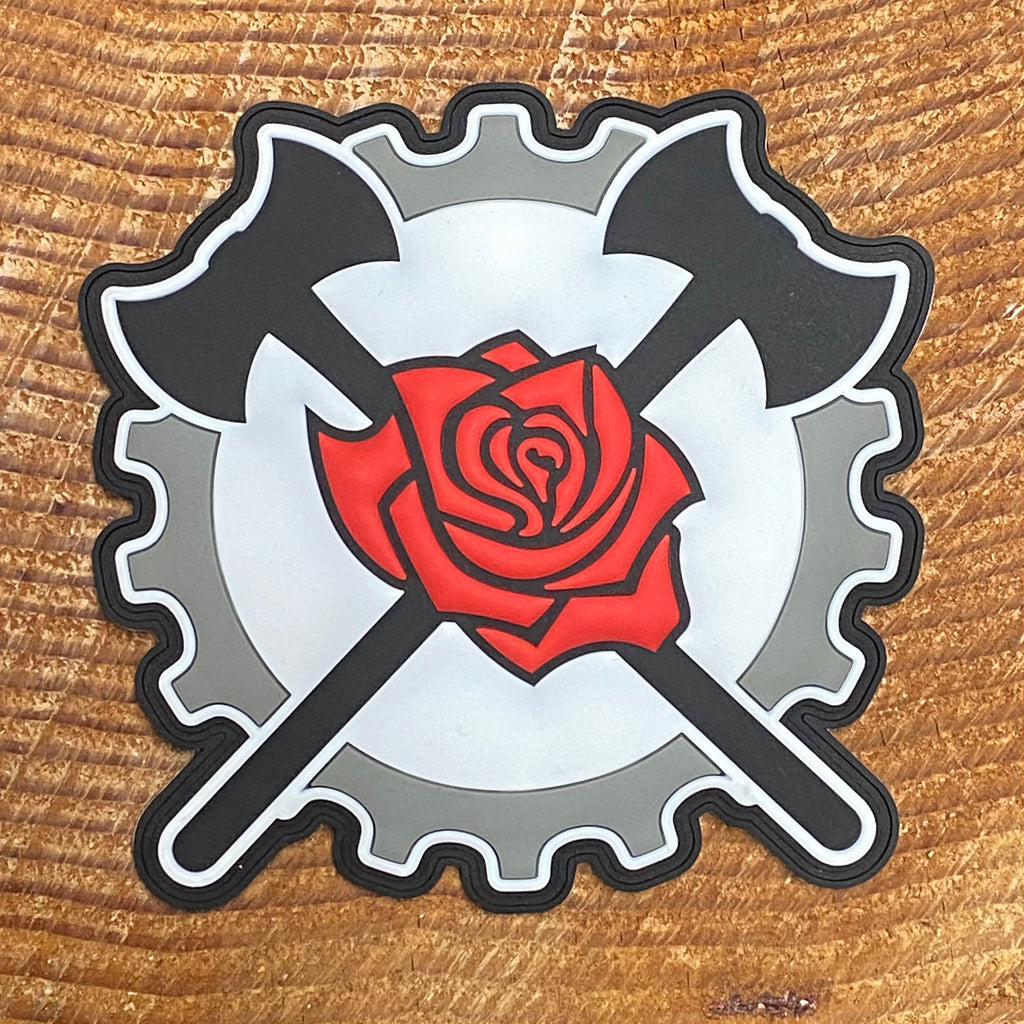 PVC sticker Axe and Rose on a cog shape